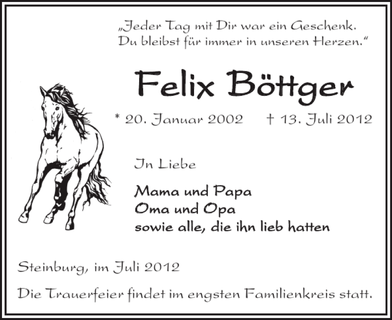  Traueranzeige für Felix Böttger vom 21.07.2012 aus Elmshorner Nachrichten