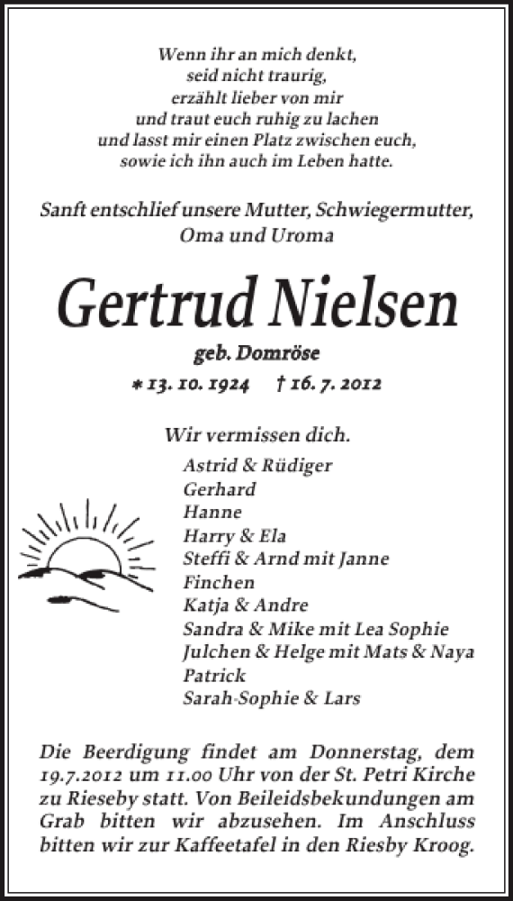  Traueranzeige für Gertrud Nielsen vom 18.07.2012 aus Eckernförder Zeitung