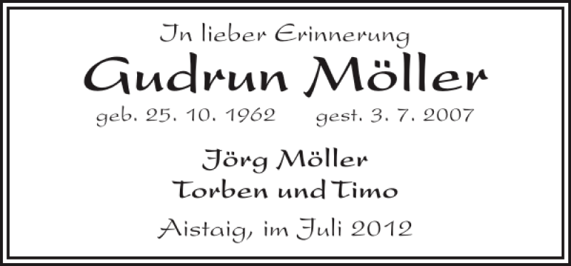  Traueranzeige für Gudrun Möller vom 03.07.2012 aus Landeszeitung
