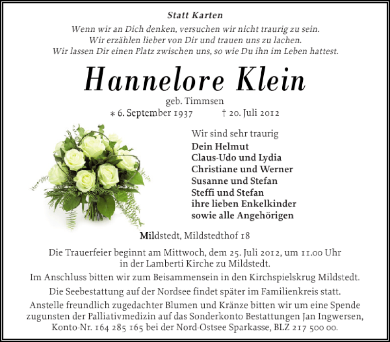  Traueranzeige für Hannelore Klein vom 23.07.2012 aus Husumer Nachrichten