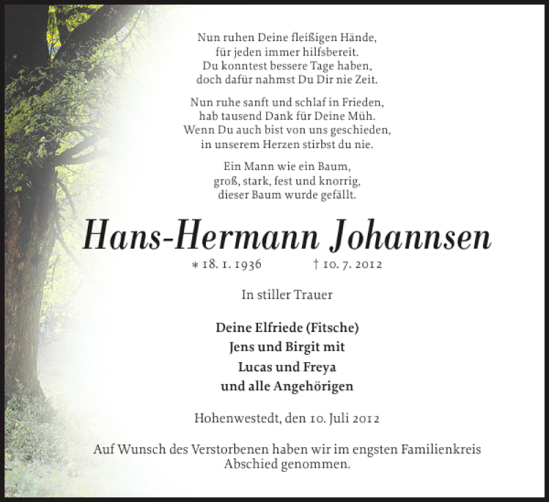  Traueranzeige für Hans-Hermann Johannsen vom 13.07.2012 aus Landeszeitung