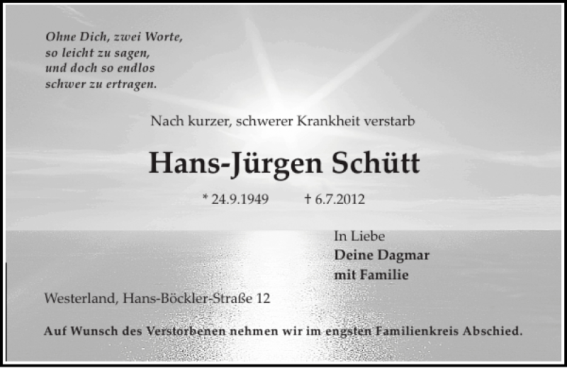  Traueranzeige für Hans-Jürgen Schütt vom 11.07.2012 aus Sylter Rundschau