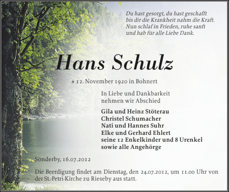  Traueranzeige für Hans Schulz vom 19.07.2012 aus Eckernförder Zeitung