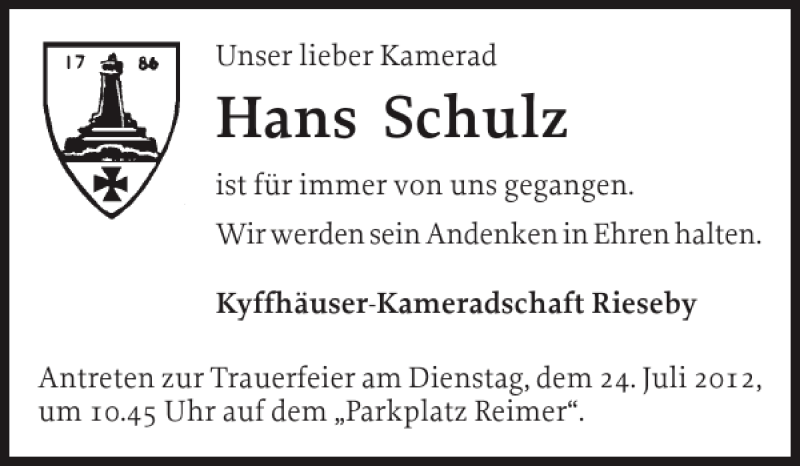  Traueranzeige für Hans Schulz vom 20.07.2012 aus Eckernförder Zeitung
