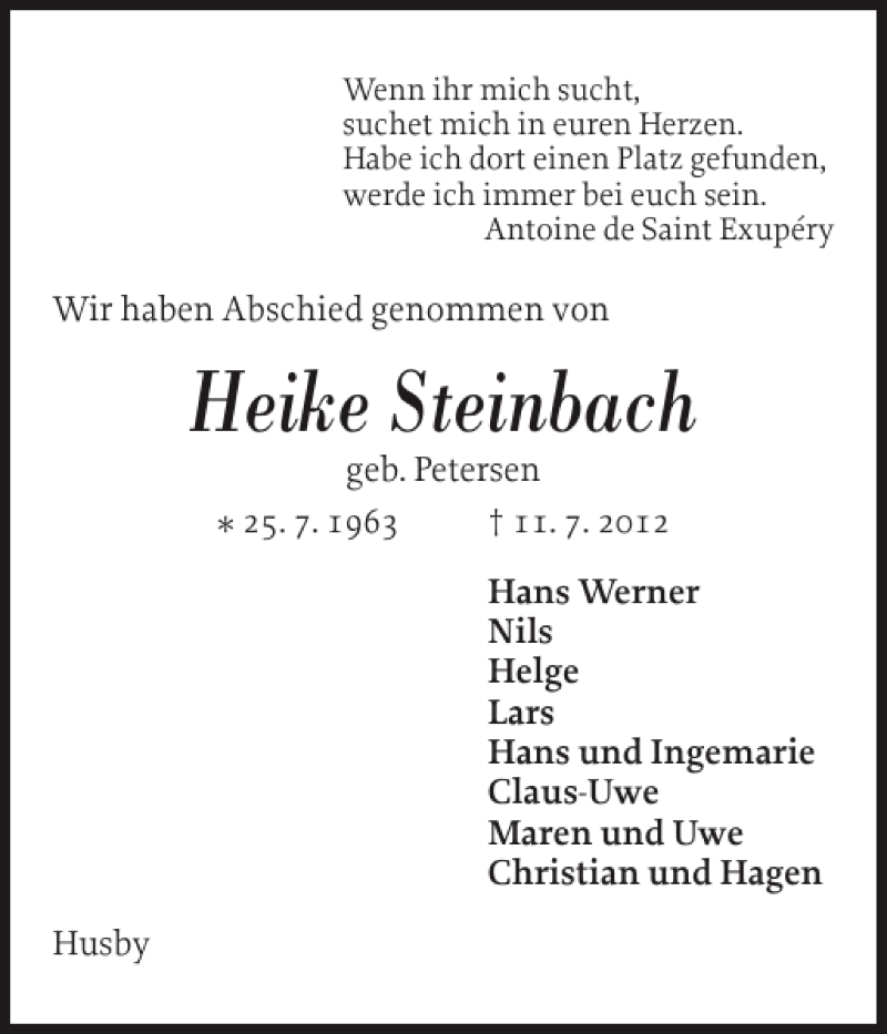  Traueranzeige für Heike Steinbach vom 19.07.2012 aus Flensburger Tageblatt