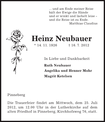 Traueranzeige von Heinz Neubauer von Pinneberger Tageblatt