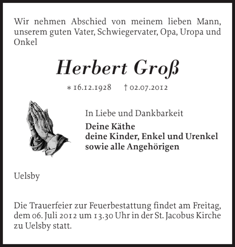  Traueranzeige für Herbert Groß vom 04.07.2012 aus Schleswiger Nachrichten