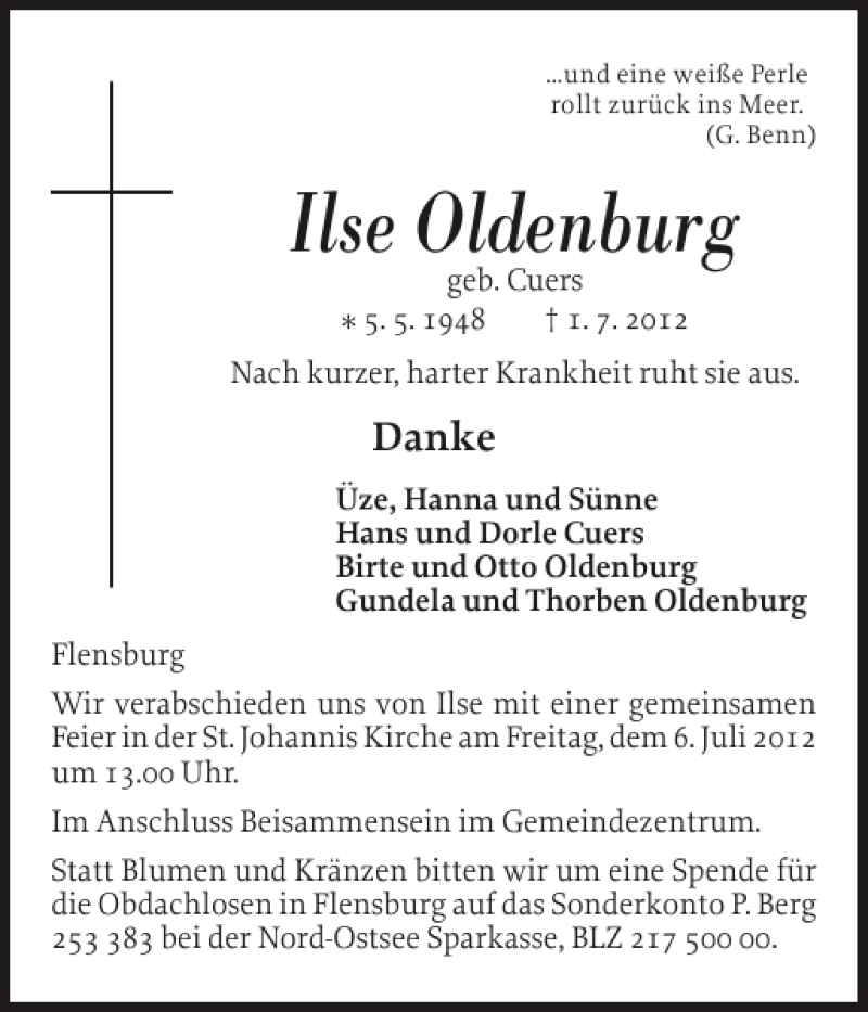  Traueranzeige für Ilse Oldenburg vom 04.07.2012 aus Flensburger Tageblatt