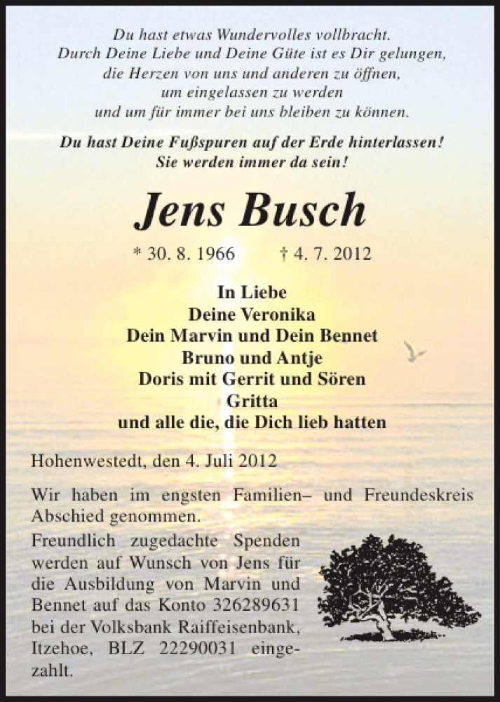  Traueranzeige für Jens Busch vom 11.07.2012 aus Landeszeitung