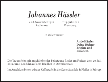 Traueranzeige von Johannes Hässler von Flensburger Tageblatt