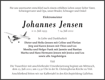 Traueranzeige von Johannes Jensen von Husumer Nachrichten