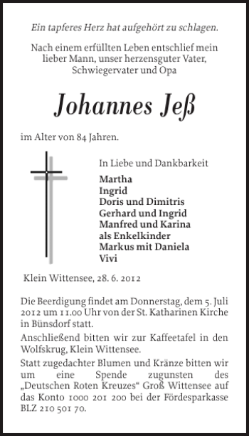 Traueranzeige von Johannes Jeß von Landeszeitung