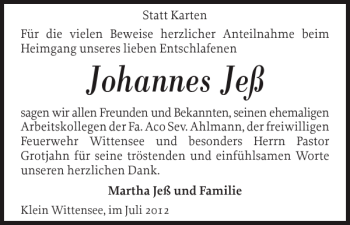 Traueranzeige von Johannes Jeß von Landeszeitung