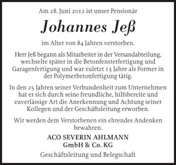 Traueranzeige von Johannes Jeß von Landeszeitung
