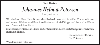 Traueranzeige von Johannes Helmut Petersen von Flensburger Tageblatt