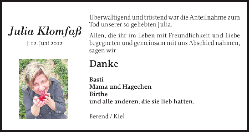  Traueranzeige für Julia Klomfaß vom 12.07.2012 aus Schleswiger Nachrichten