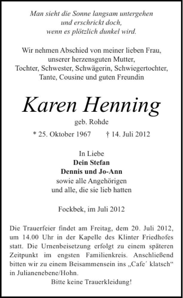  Traueranzeige für Karen Henning vom 18.07.2012 aus Landeszeitung
