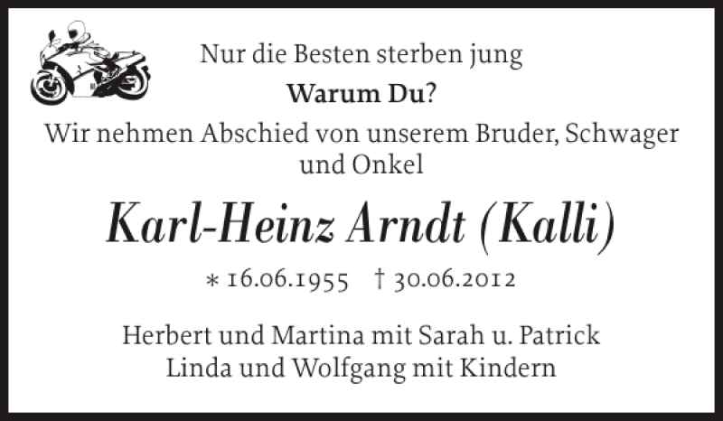  Traueranzeige für Karl-Heinz Arndt Kalli vom 05.07.2012 aus Landeszeitung
