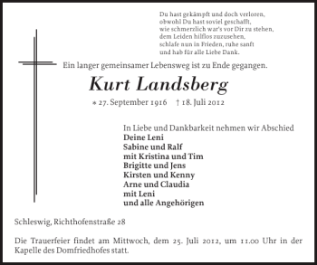 Traueranzeige von Kurt Landsberg von Schleswiger Nachrichten