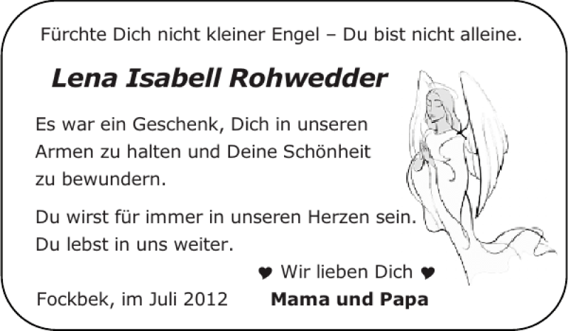  Traueranzeige für Lena Isabell Rohwedder vom 21.07.2012 aus Landeszeitung