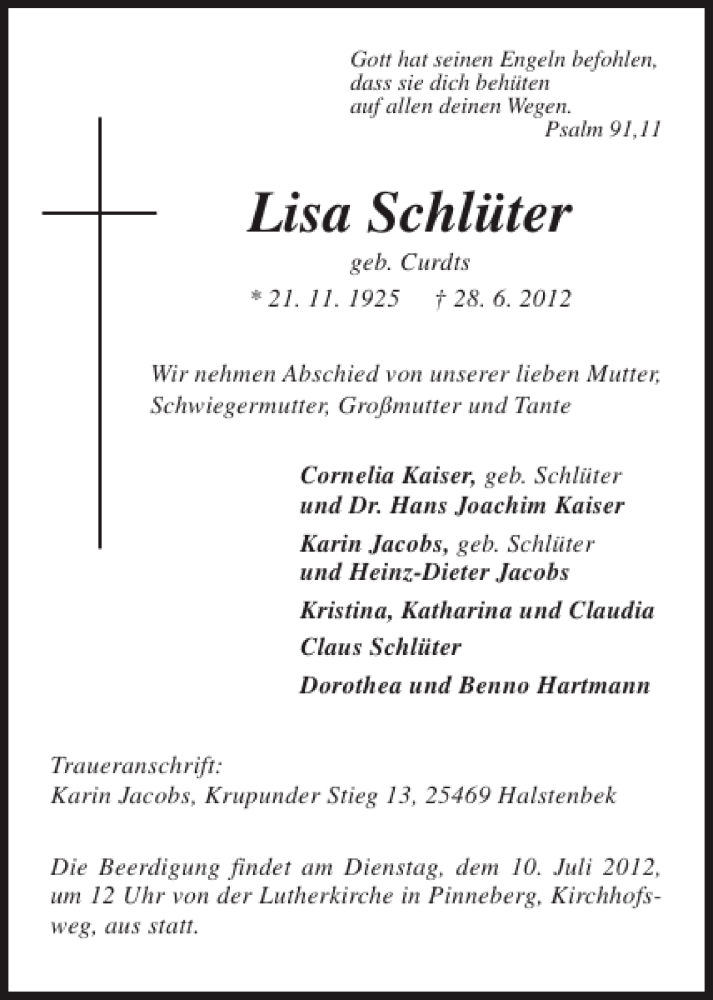  Traueranzeige für Lisa Schlüter vom 07.07.2012 aus Pinneberger Tageblatt