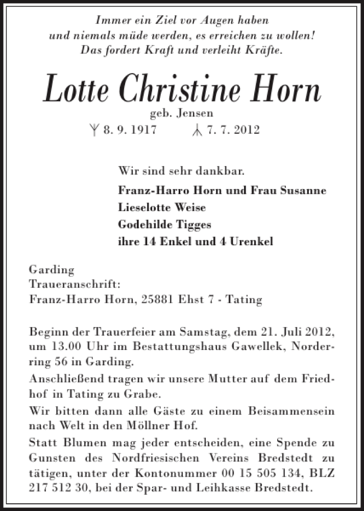  Traueranzeige für Lotte Christine Horn vom 12.07.2012 aus Husumer Nachrichten