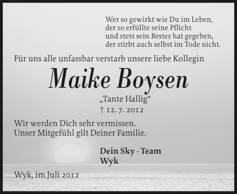 Traueranzeige für Maike Boysen vom 20.07.2012 aus Der Insel-Bote