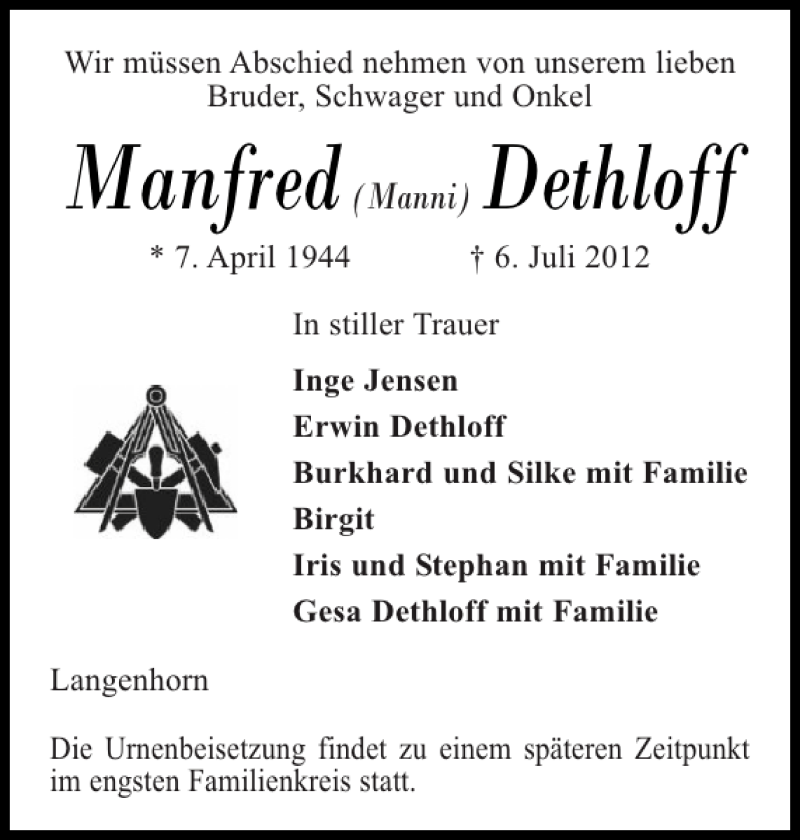  Traueranzeige für Manfred Dethloff vom 09.07.2012 aus Husumer Nachrichten