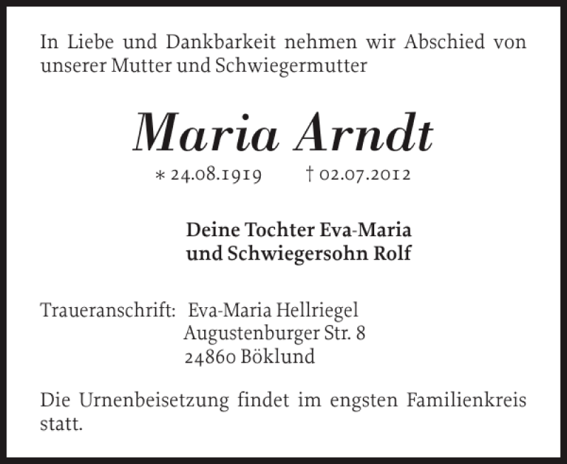  Traueranzeige für Maria Arndt vom 06.07.2012 aus Schleswiger Nachrichten