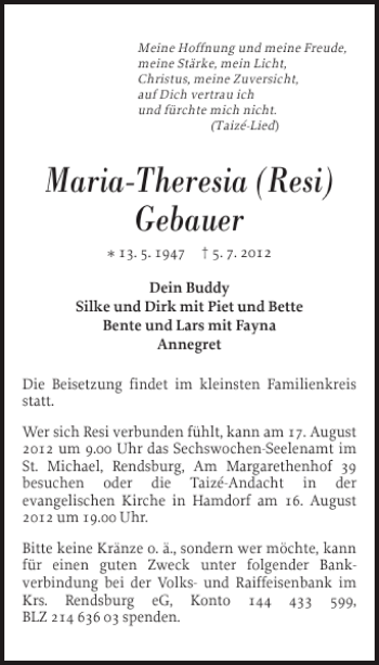 Traueranzeige von Maria-Theresia Resi Gebauer von Landeszeitung