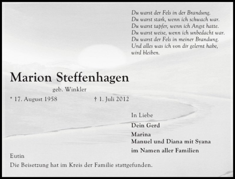  Traueranzeige für Marion Steffenhagen vom 26.07.2012 aus Ostholsteiner Anzeiger