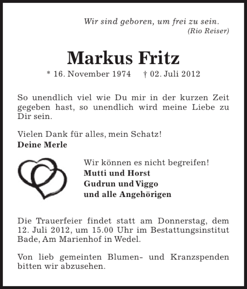 Traueranzeige für Markus Fritz vom 07.07.2012 aus Pinneberger Tageblatt