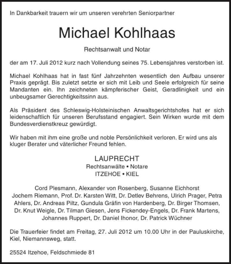  Traueranzeige für Michael Kohlhaas vom 21.07.2012 aus Norddeutsche Rundschau