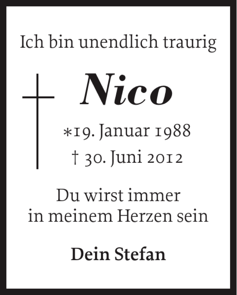  Traueranzeige für Nico  vom 06.07.2012 aus Holsteinischer Courier
