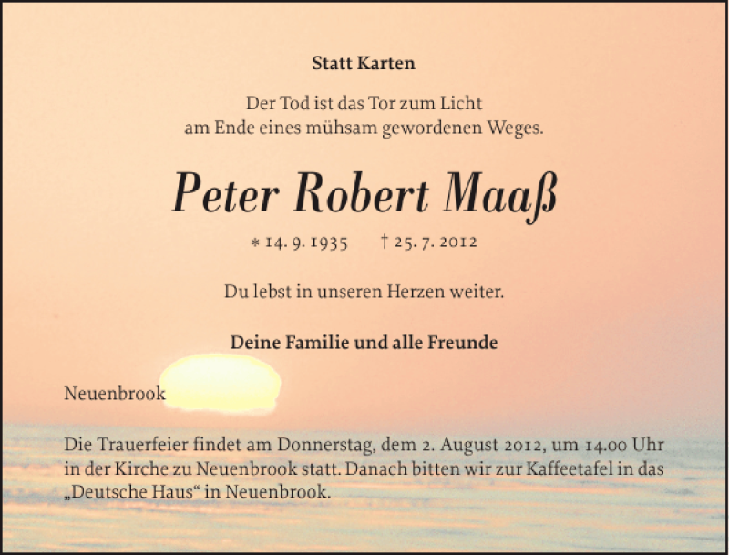  Traueranzeige für Peter Robert Maaß vom 28.07.2012 aus Norddeutsche Rundschau