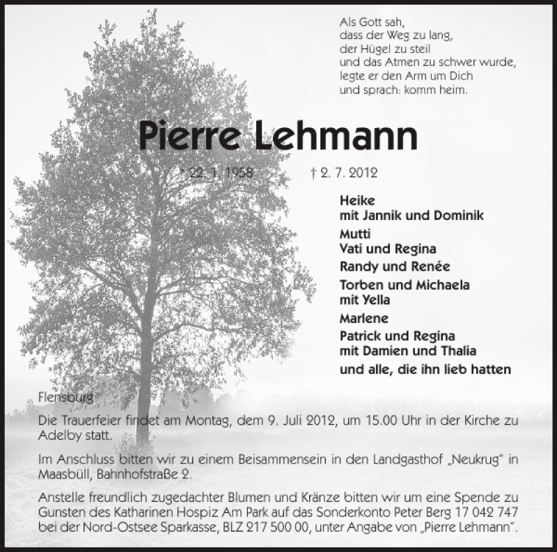  Traueranzeige für Pierre Lehmann vom 05.07.2012 aus Flensburger Tageblatt
