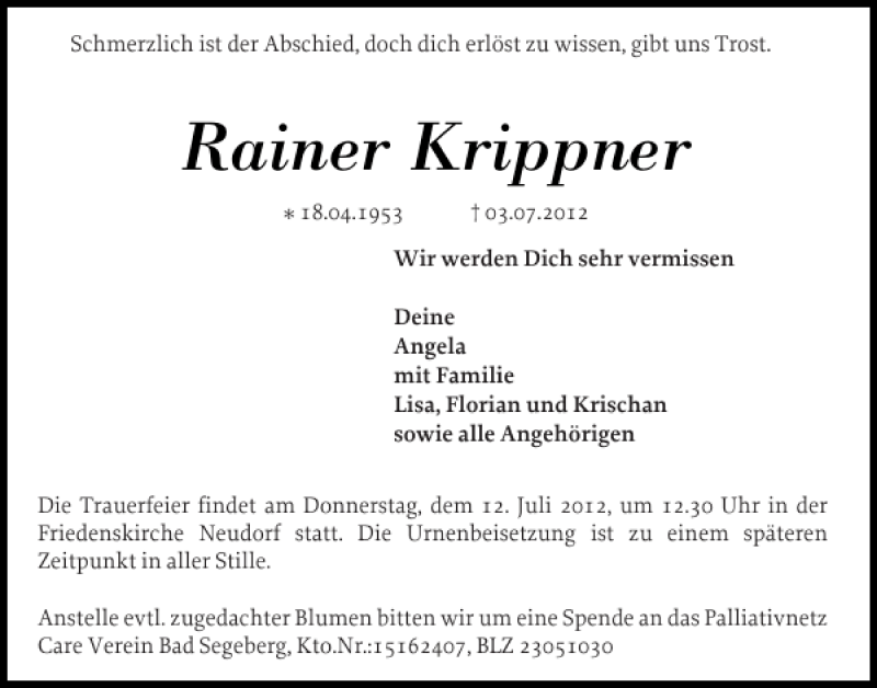  Traueranzeige für Rainer Krippner vom 09.07.2012 aus Ostholsteiner Anzeiger