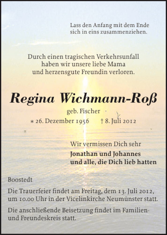  Traueranzeige für Regina Wichmann-Roß vom 11.07.2012 aus Holsteinischer Courier