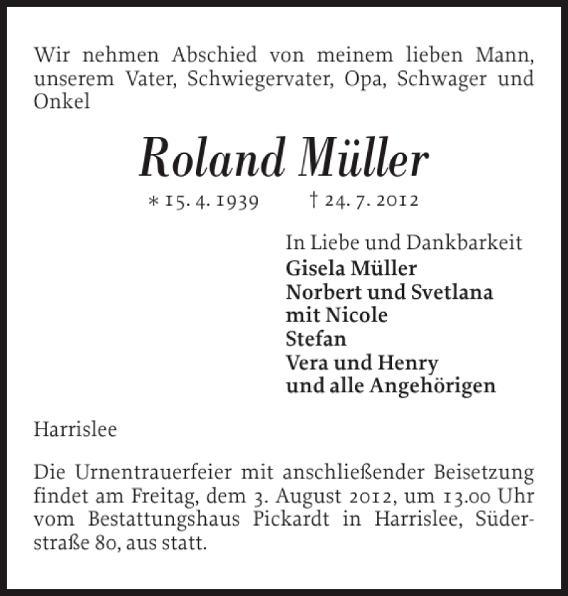  Traueranzeige für Roland Müller vom 28.07.2012 aus Flensburger Tageblatt