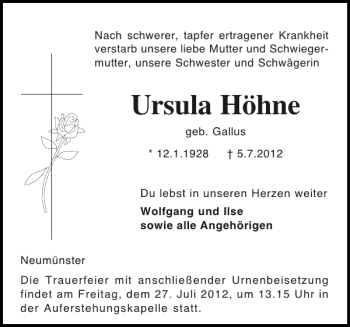 Traueranzeige von Ursula Höhne von Holsteinischer Courier