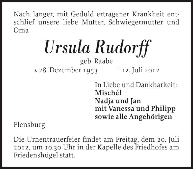  Traueranzeige für Ursula Rudorff vom 17.07.2012 aus Flensburger Tageblatt