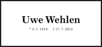 Traueranzeige von Uwe Wehlen von Pinneberger Tageblatt