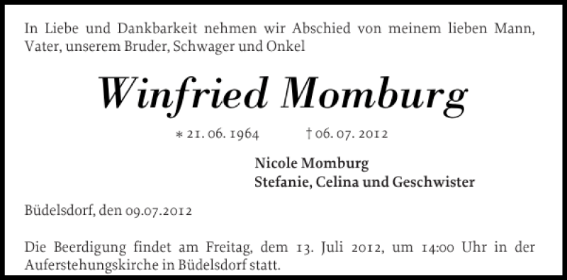  Traueranzeige für Winfried Momburg vom 11.07.2012 aus Landeszeitung