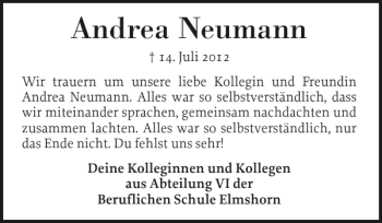 Traueranzeige von Andrea Neumann von Elmshorner Nachrichten