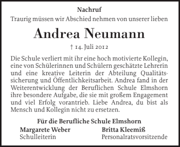 Traueranzeige von Andrea Neumann von Elmshorner Nachrichten