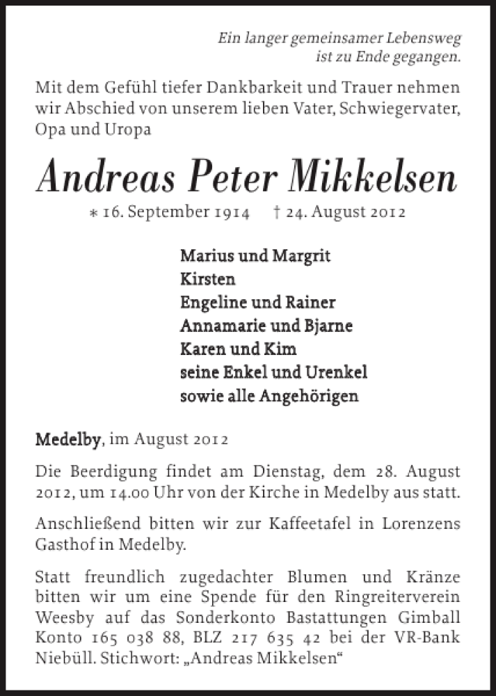  Traueranzeige für Andreas Peter Mikkelsen vom 25.08.2012 aus Flensburger Tageblatt