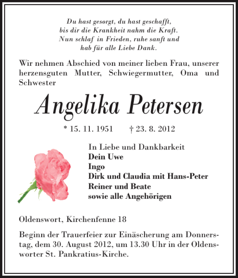  Traueranzeige für Angelika Petersen vom 27.08.2012 aus Husumer Nachrichten