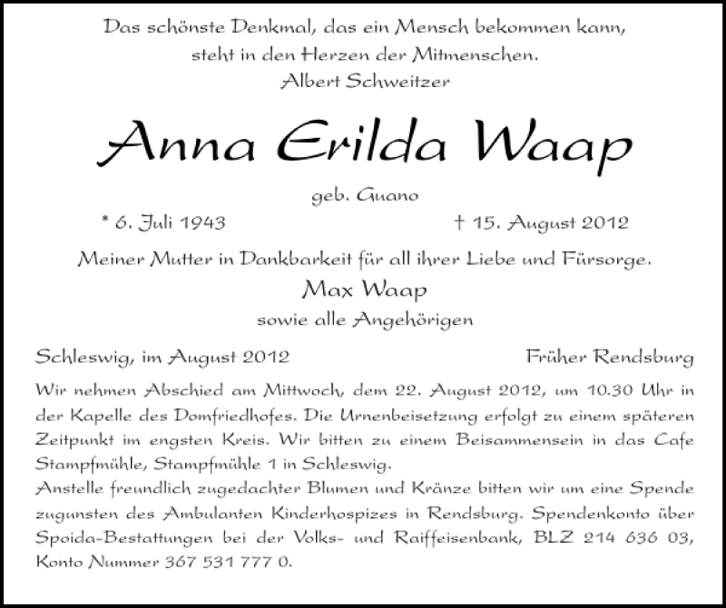  Traueranzeige für Anna Erilda Waap vom 21.08.2012 aus Schleswiger Nachrichten