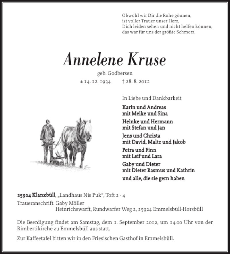  Traueranzeige für Annelene Kruse vom 30.08.2012 aus Nordfriesland Tageblatt