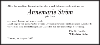 Traueranzeige von Annemarie Ström von Husumer Nachrichten